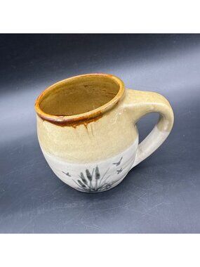 Vintage Art Pottery Mug Cattails Ducks Birds Rustic Beige Brown Handmade Retro